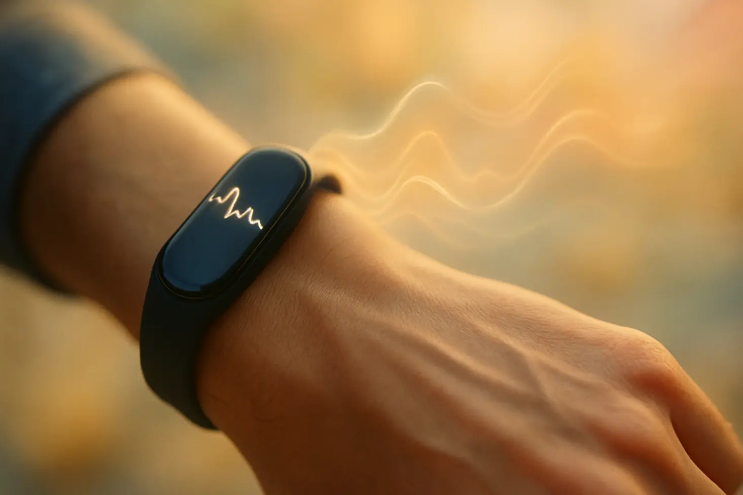 A fitness tracker on a wrist, showing a &#34;Low Recovery&#34; alert with a downward-trending heart rate graph in the background.