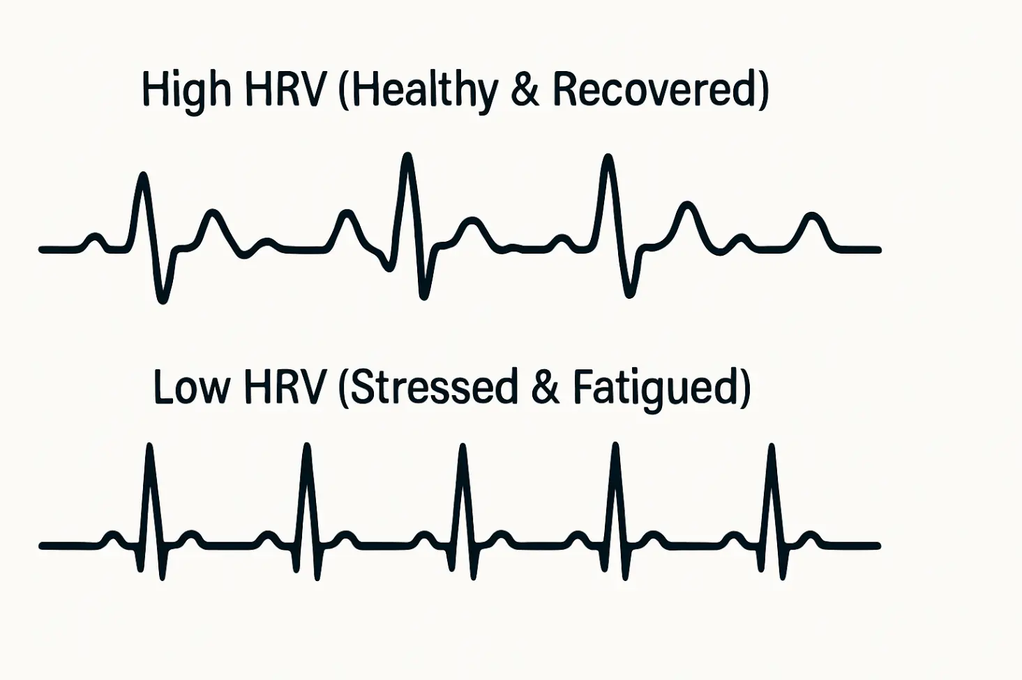 A simple side-by-side comparison of a healthy, variable heartbeat rhythm (High HRV) versus a flat, stressed rhythm (Low HRV).