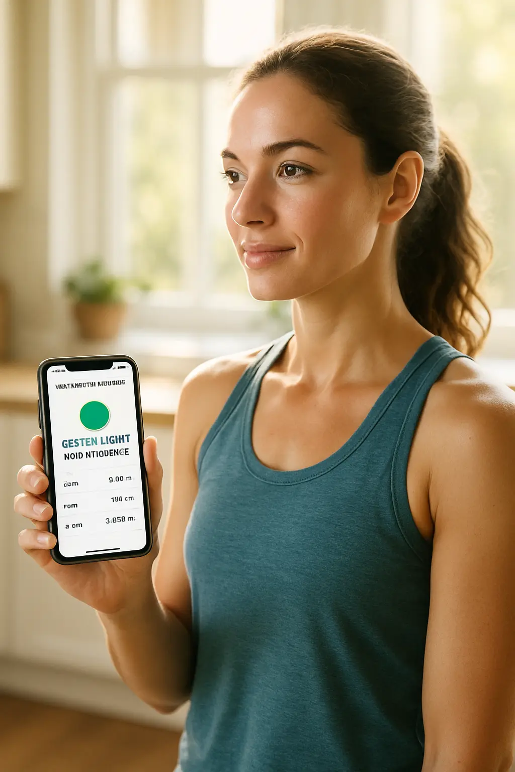 A person swapping heavy dumbbells for a yoga mat after checking their phone, which displays a &#34;Recovery Day&#34; notification from a fitness app.