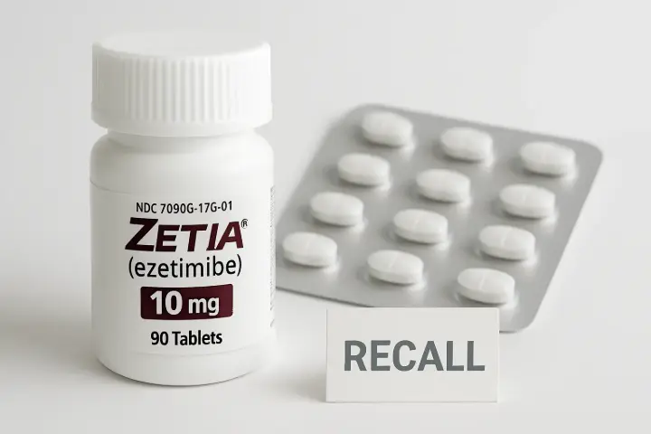 A clinical product shot of Zetia (ezetimibe) pills and packaging with a subtle recall notice.