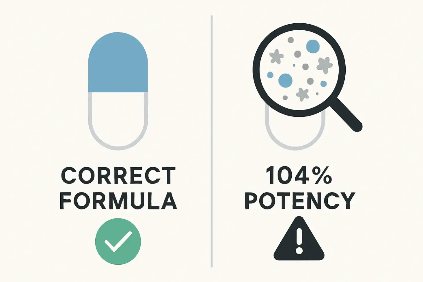 A simple visual comparing a perfectly formulated pill to one with manufacturing flaws like impurities and incorrect potency.