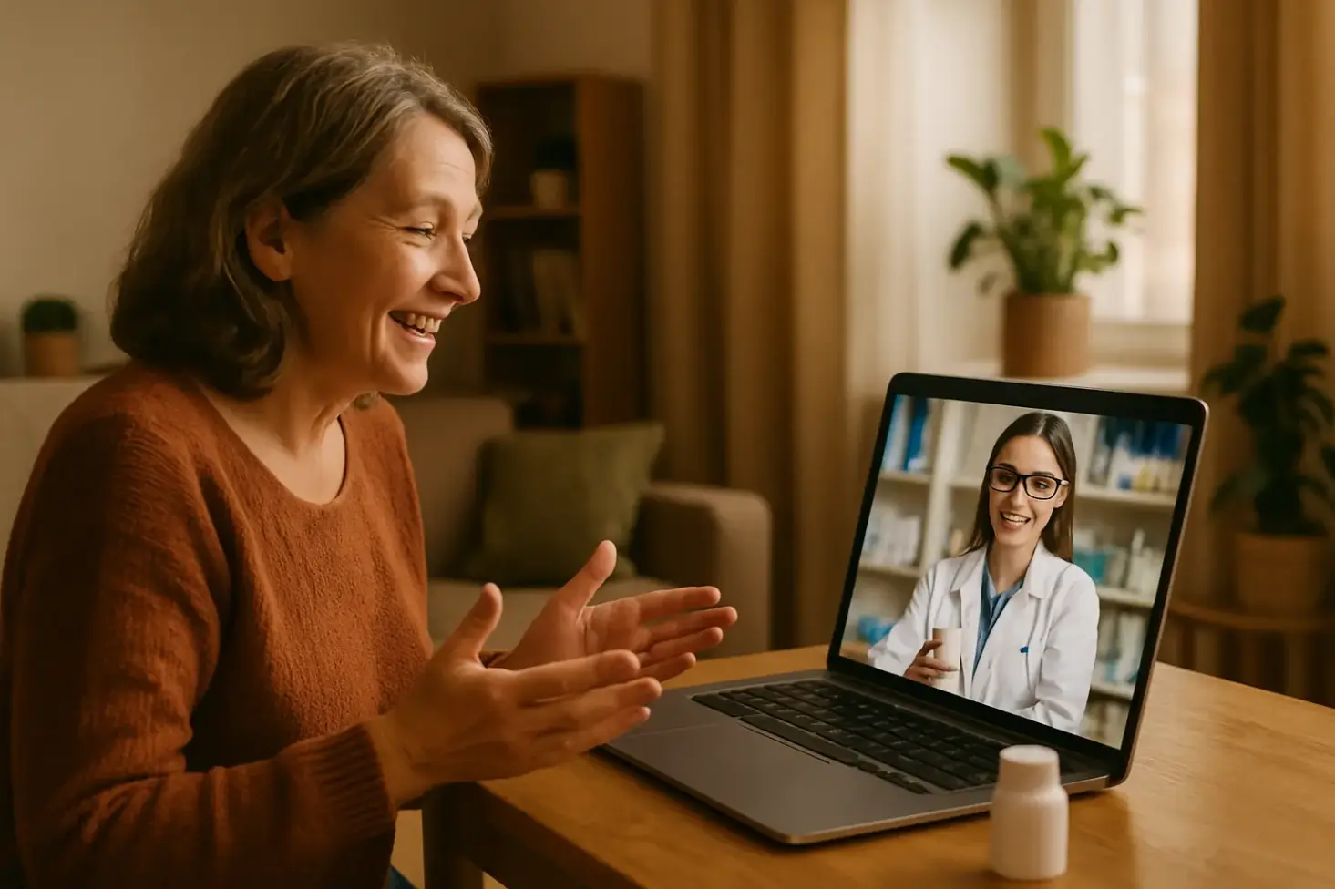 A patient has a positive, reassuring video consultation with a friendly pharmacist from their home.