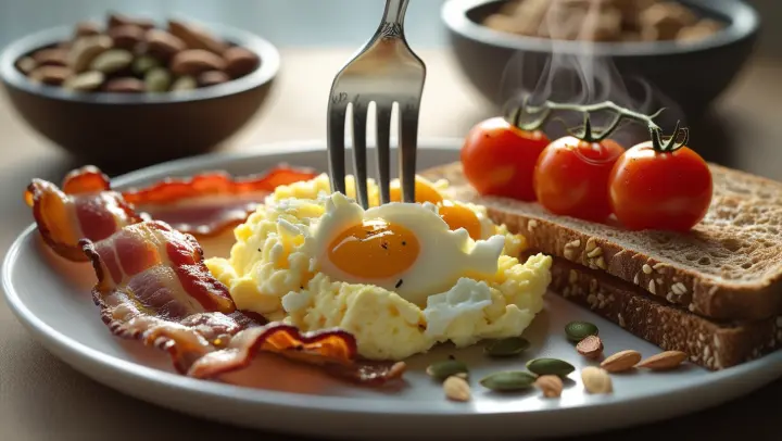 A hearty breakfast plate featuring creamy scrambled eggs, crispy bacon, vine-steamed tomatoes, and seeded toast. Garnished with seeds and nuts, it&#39;s a warm, protein-rich start to the day, captured in rich, photorealistic detail.