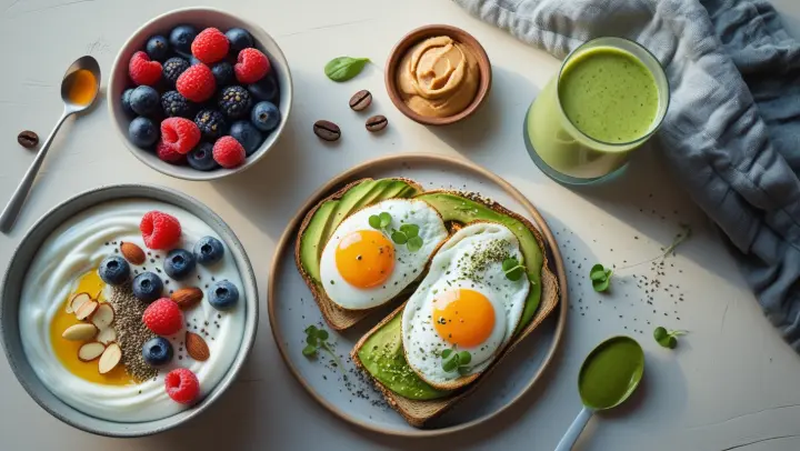 A fresh and healthy breakfast spread featuring avocado toast with eggs, Greek yogurt topped with berries and nuts, a bowl of mixed berries, nut butter, and a green smoothie. Beautifully styled with natural lighting for a clean, nutritious start to the day.