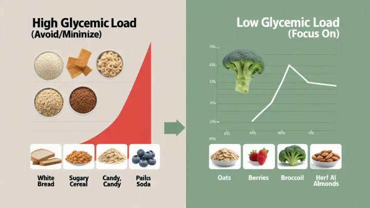 Side-by-side infographic: Left shows &#39;High GL Foods&#39; (white bread, sugary cereal, candy, soda) with a sharp red spiking arrow graph. Right shows &#39;Low GL Foods&#39; (oats, lentils, berries, broccoli, almonds) with a gentle green steady line graph. Clear labels and a brief caption: &#39;Choose steady energy (Low GL) over sugar spikes (High GL)&#39;. Clean, modern graphic design style.