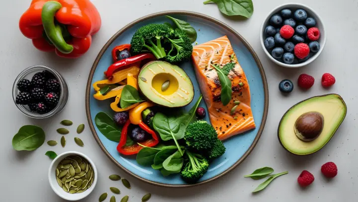 Overhead photo of a vibrant, abundant plate illustrating the core PCOS nutrition strategy: 50%+ colorful non-starchy vegetables (spinach, peppers, broccoli), 25% lean protein (grilled salmon/tofu), 25% complex carbs (quinoa/sweet potato), topped with healthy fats (avocado, pumpkin seeds, olive oil drizzle), plus berries. Conveys nourishment, balance, and abundance – not restriction. Bright, fresh, inviting style