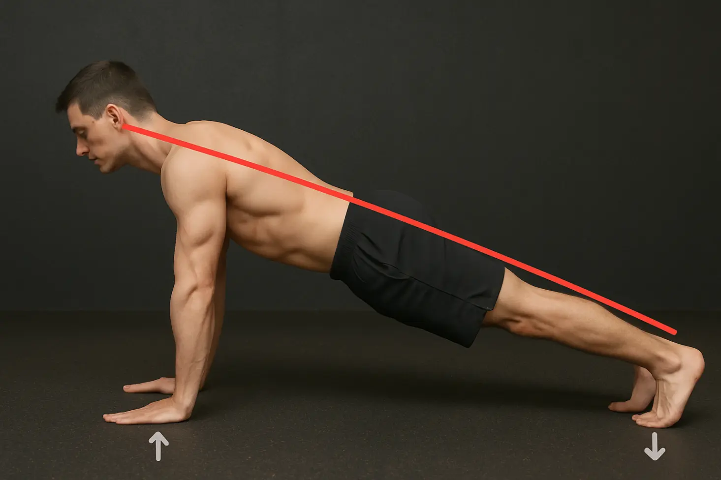 Perfect push-up start: Straight line head-to-heels. Hands under shoulders, core/glutes engaged, neutral gaze forward. Demonstrates full-body tension.