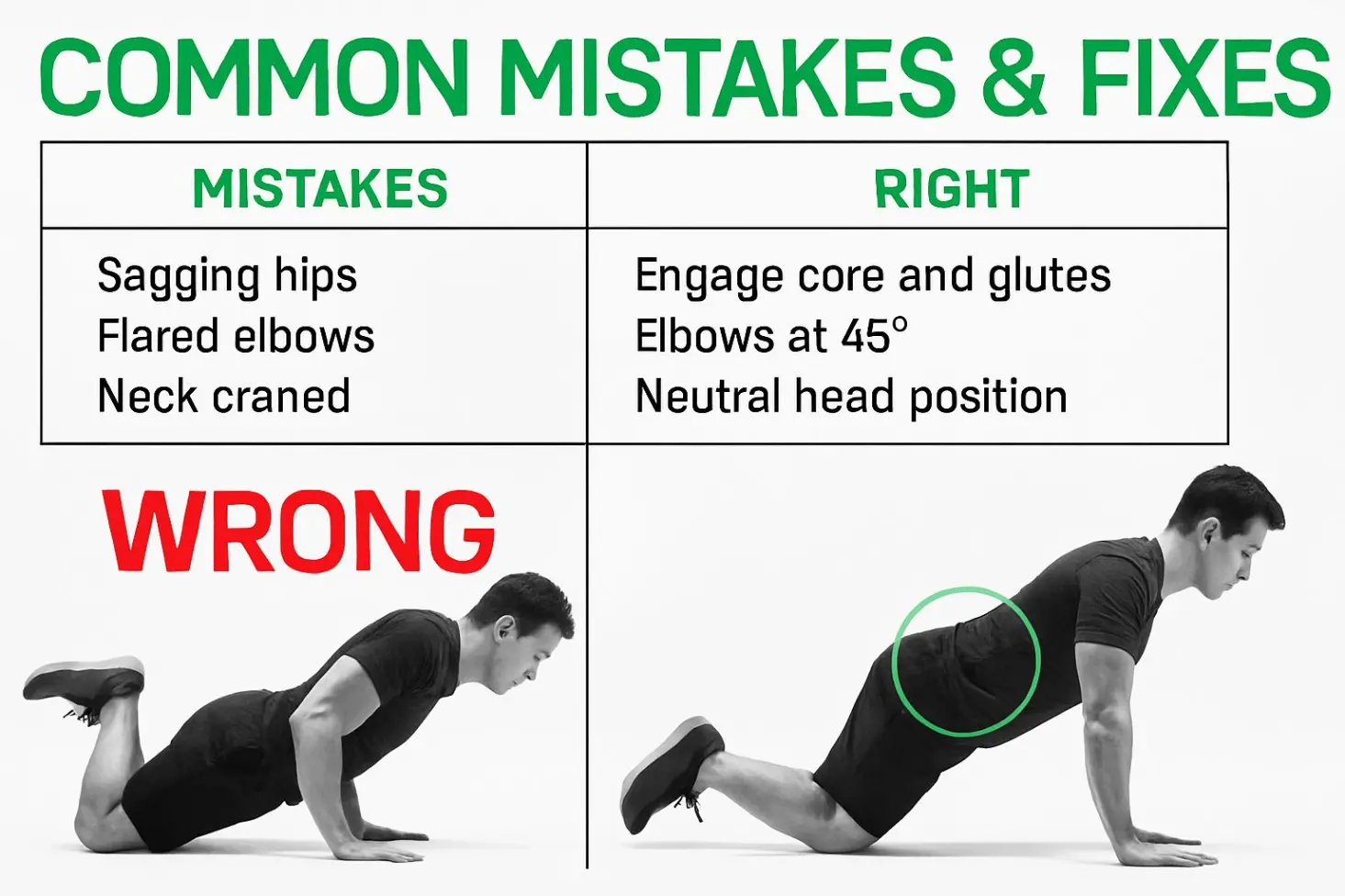 Top-down: ❌ 90° flared elbows (T-shape, strains shoulders) vs ✅ 45° tucked elbows (arrow-shape, safe). Critical form fix.