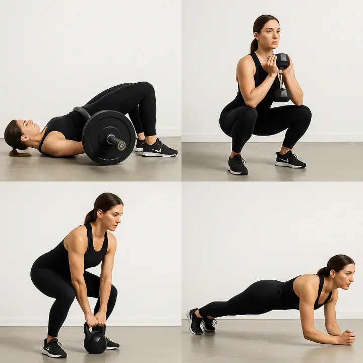 See perfect form for the four foundational moves every runner should master: The hip thrust (maximizing glute activation), goblet squat (building leg strength with safe posture), Romanian deadlift (targeting hamstrings and teaching the hip hinge), and plank (establishing core stability). Together, these exercises build balanced strength where runners need it most.
