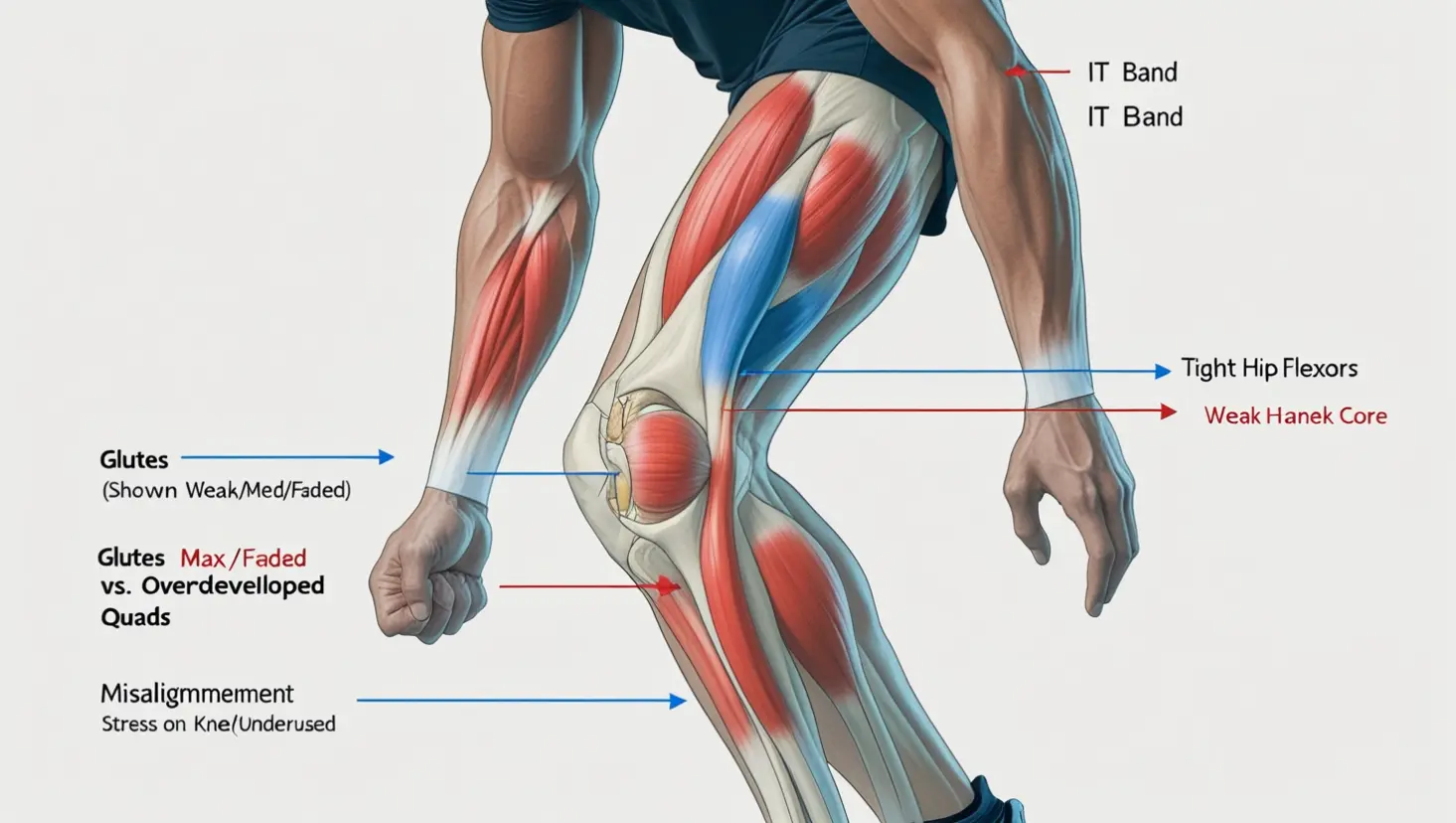 This clear anatomical illustration reveals a critical hidden problem: it highlights how runners often develop overused, tight muscles (like quads and hip flexors in red) alongside underactive, weak ones (like glutes and core in blue). Arrows show how these imbalances pull joints out of alignment, directly leading to common injuries like runner’s knee or IT band syndrome – making the case for strength training undeniable.