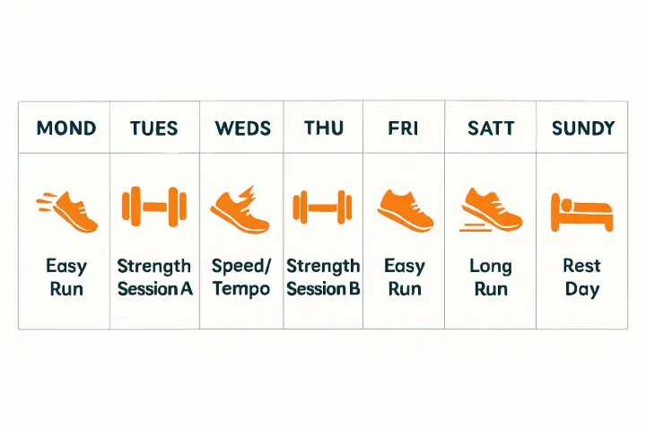 This simple infographic solves the integration puzzle. It visually maps a sample week, clearly placing strength sessions (dumbbell icons) on easy run or rest days – never before key speed work or long runs. This strategic timing ensures you gain injury protection (up to 50% lower risk!) without compromising running performance.&#34;
