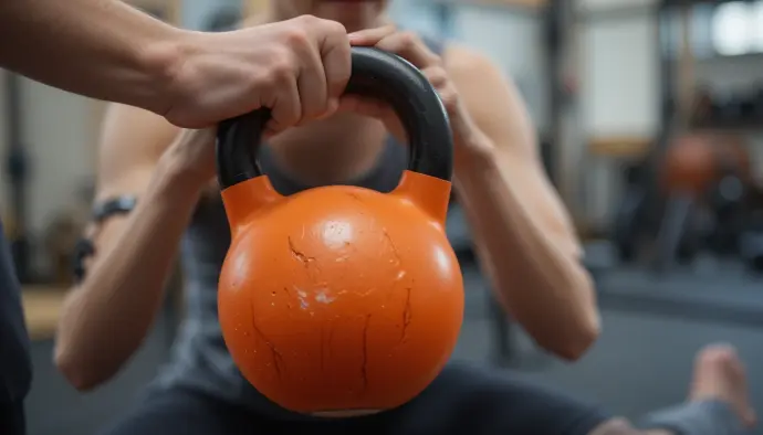 Close-up of teen performing a perfect goblet squat with kettlebell. Coach’s hand guiding form. Home gym setting.