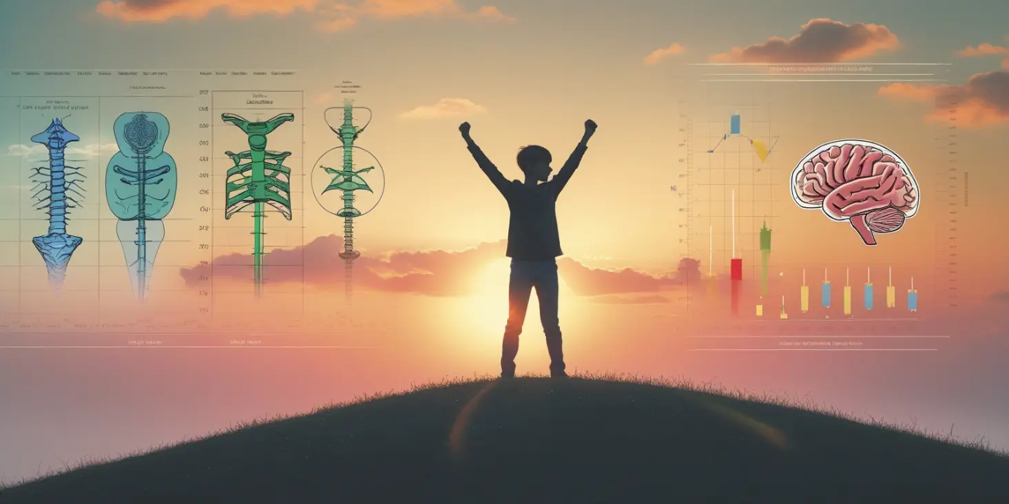 Teen standing tall on hiking trail at sunrise, arms open. Overlay icons: heart, bone, brain.