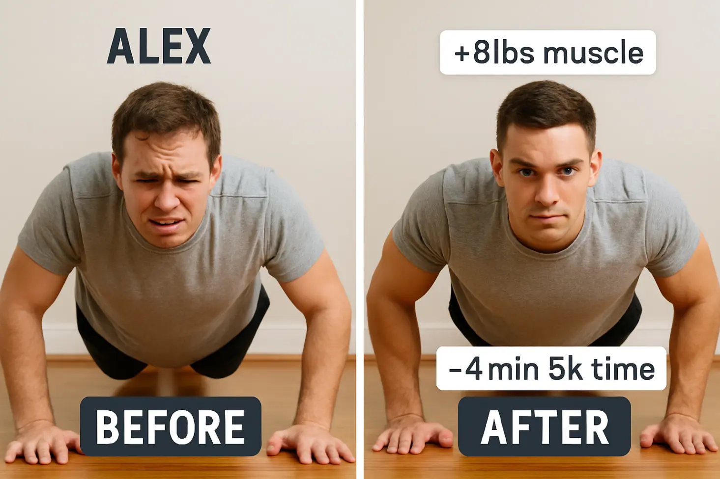 Split-screen comparison: Left side shows a 15-year-old struggling with a kneeling push-up (elbows flared, back sagging) in dim bedroom lighting. Right side shows same teen 6 months later performing a full push-up with perfect form (body straight, controlled descent) in a bright home gym. Text callouts: &#34;STRONGER&#34; (right) and &#34;CONFIDENT!&#34; (over both).