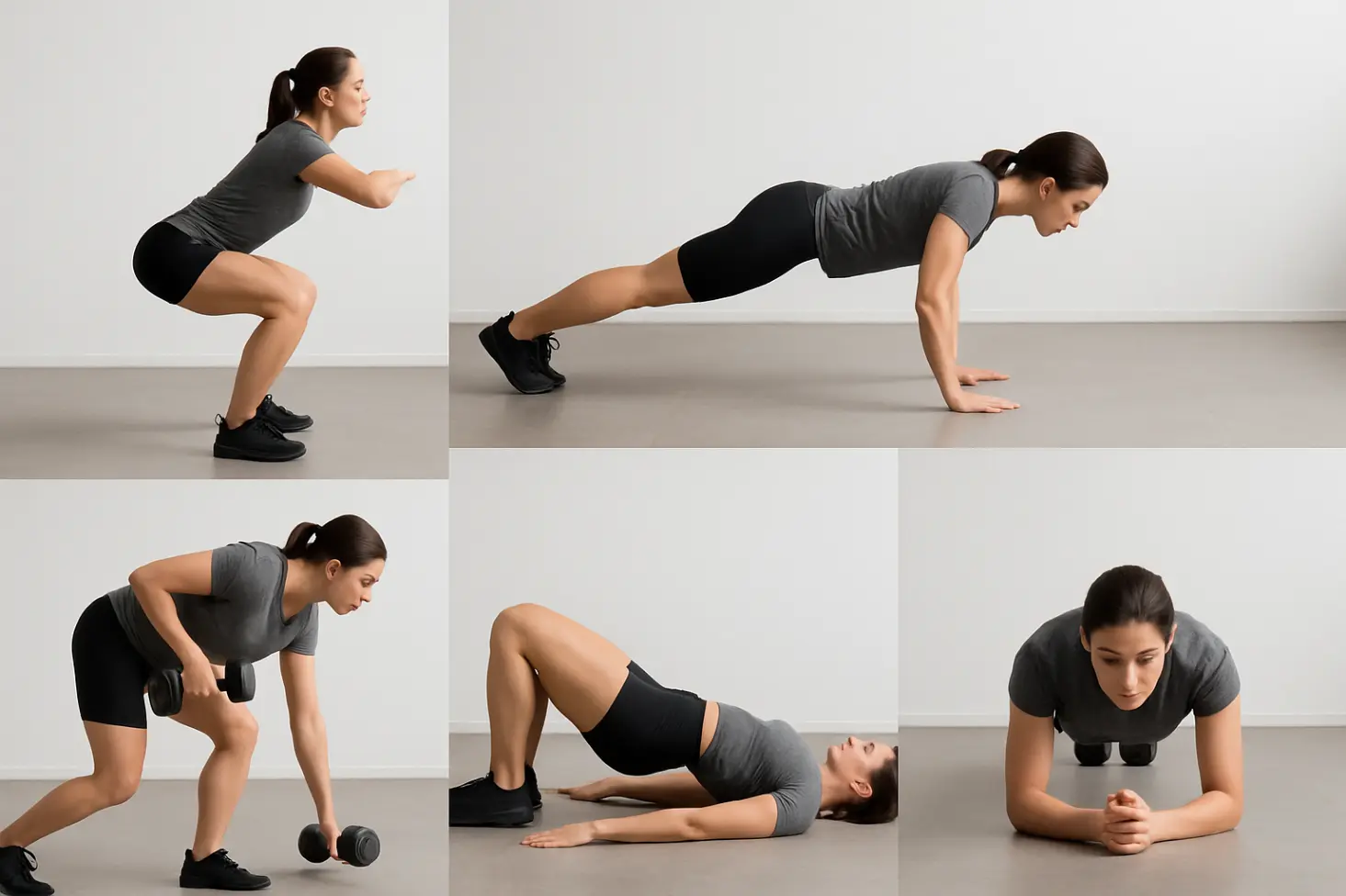 Collage of 5 perfect-form demos: Bodyweight Squat, Push-Up (standard + modified), Dumbbell Row, Glute Bridge, Plank. Neutral background, clear lighting.