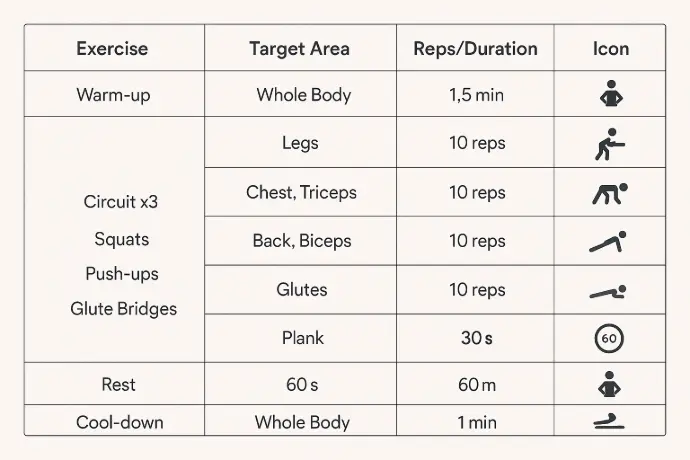 Simple table breaking down the sample circuit: Warm-up, Exercises (Squats, Push-ups, Rows, Bridges, Plank), Rest, Cool-down. Includes reps/time &amp; small icons. Scannable.