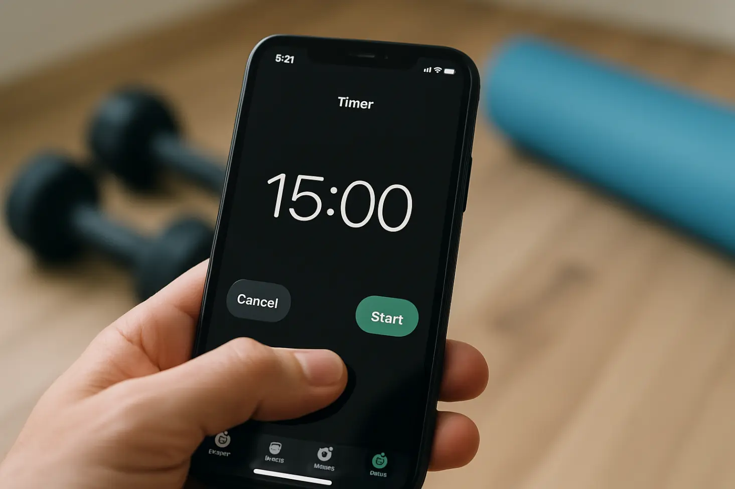 Hand setting phone/kitchen timer to 15:00. Dumbbells/yoga mat blurred in background. Focus on starting commitment.