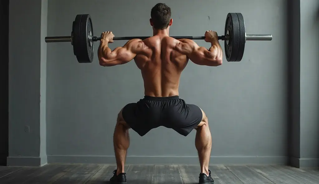 Person in deep squat position, barbell on back. Knees tracking toes, chest up, back neutral. Emphasis on depth.