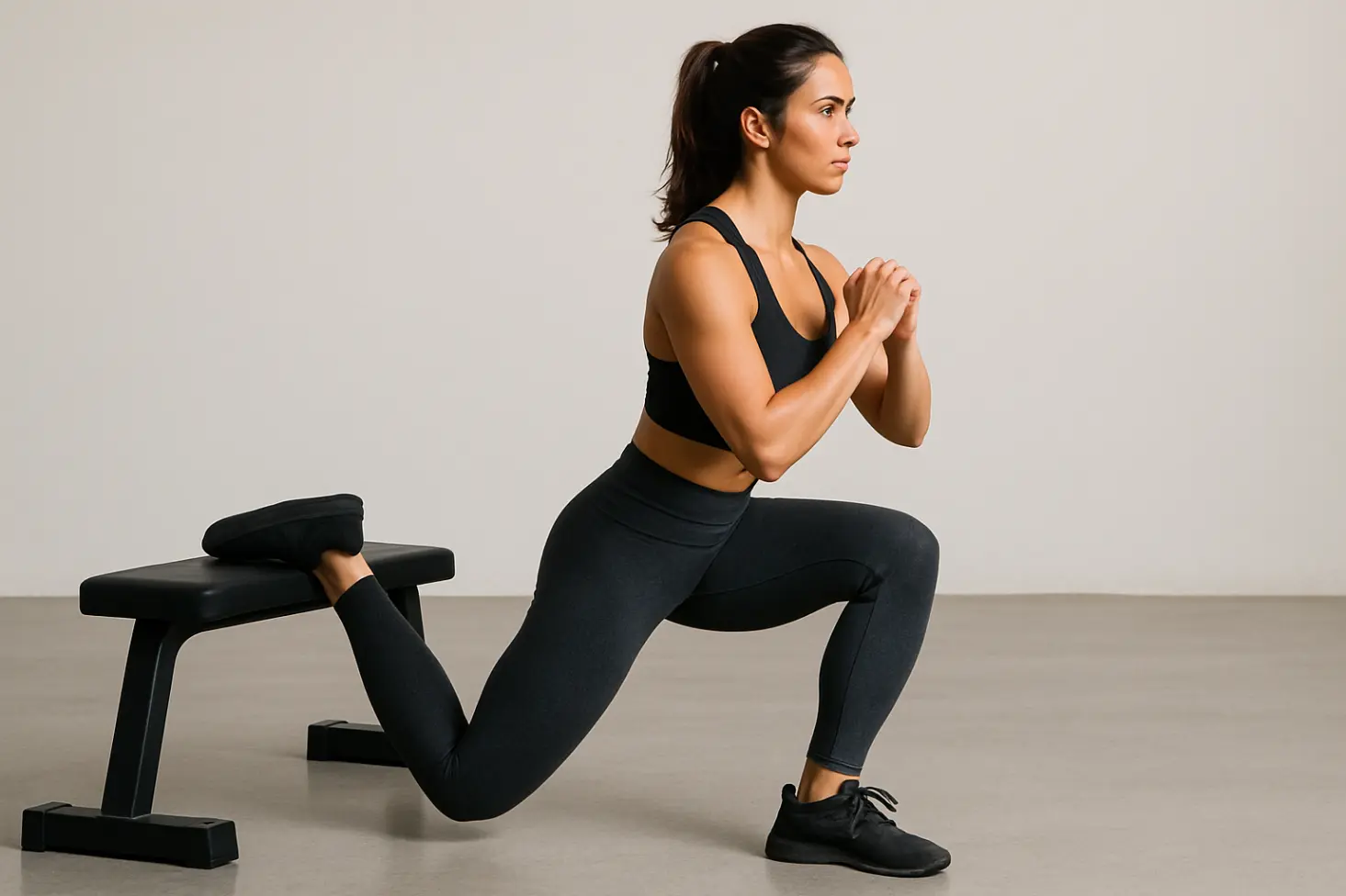 Person in lunge position, back foot elevated on bench. Front knee at 90 degrees, torso upright, glute stretched on front leg.