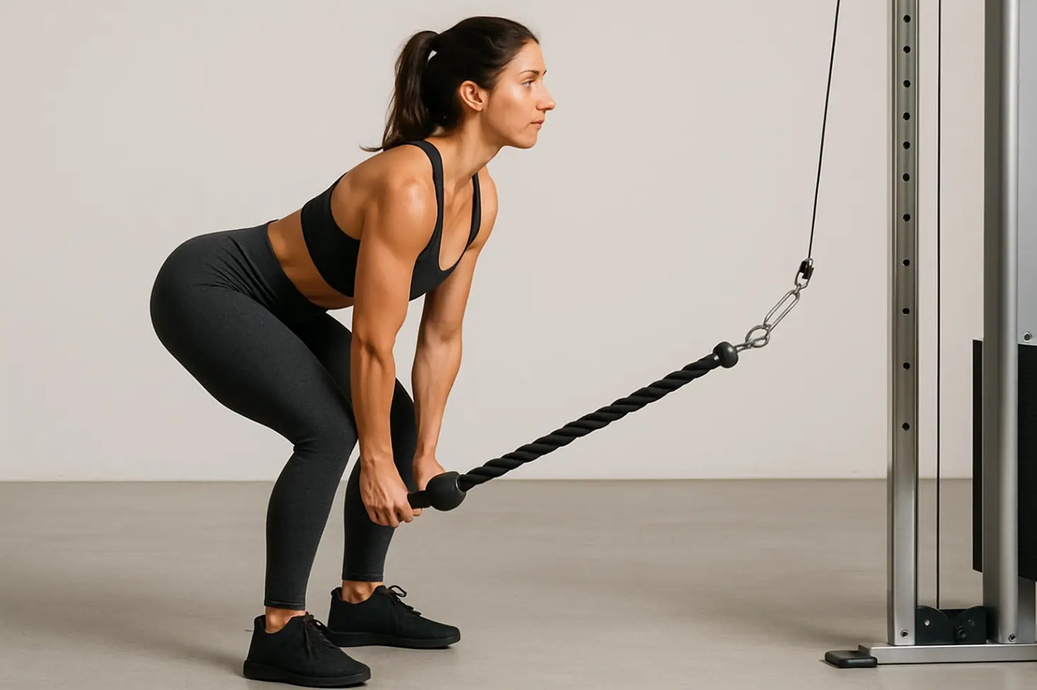 Person facing away from cable machine, hinging hips and thrusting forward against cable resistance. Rope between legs, glutes squeezed at top.