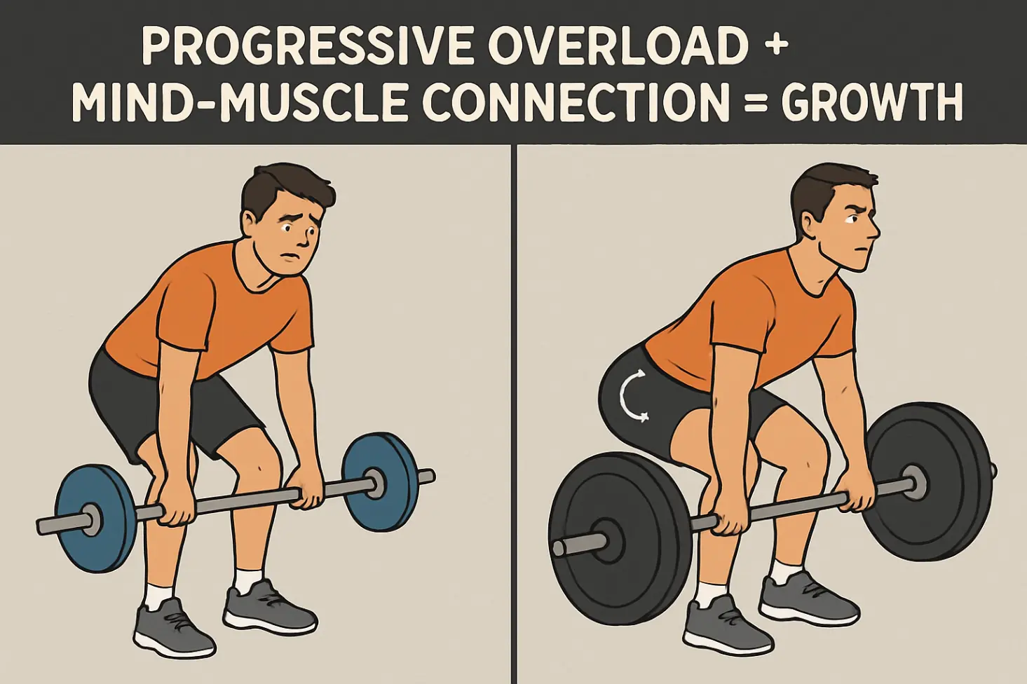 Split-screen: Good form (heavy weight, proper technique) vs. bad form (light weight, poor posture). Text highlights &#34;Progressive Overload + Mind-Muscle Connection&#34;.