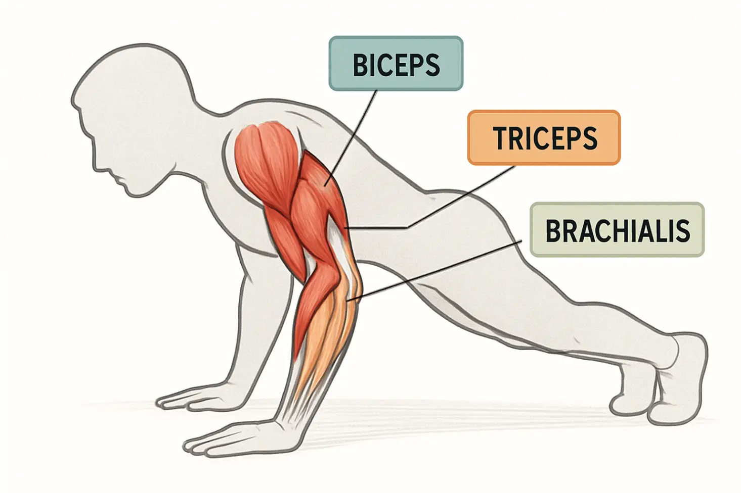 Illustrated arm muscle diagram (biceps/triceps) overlaid on push-up silhouette. Educational.