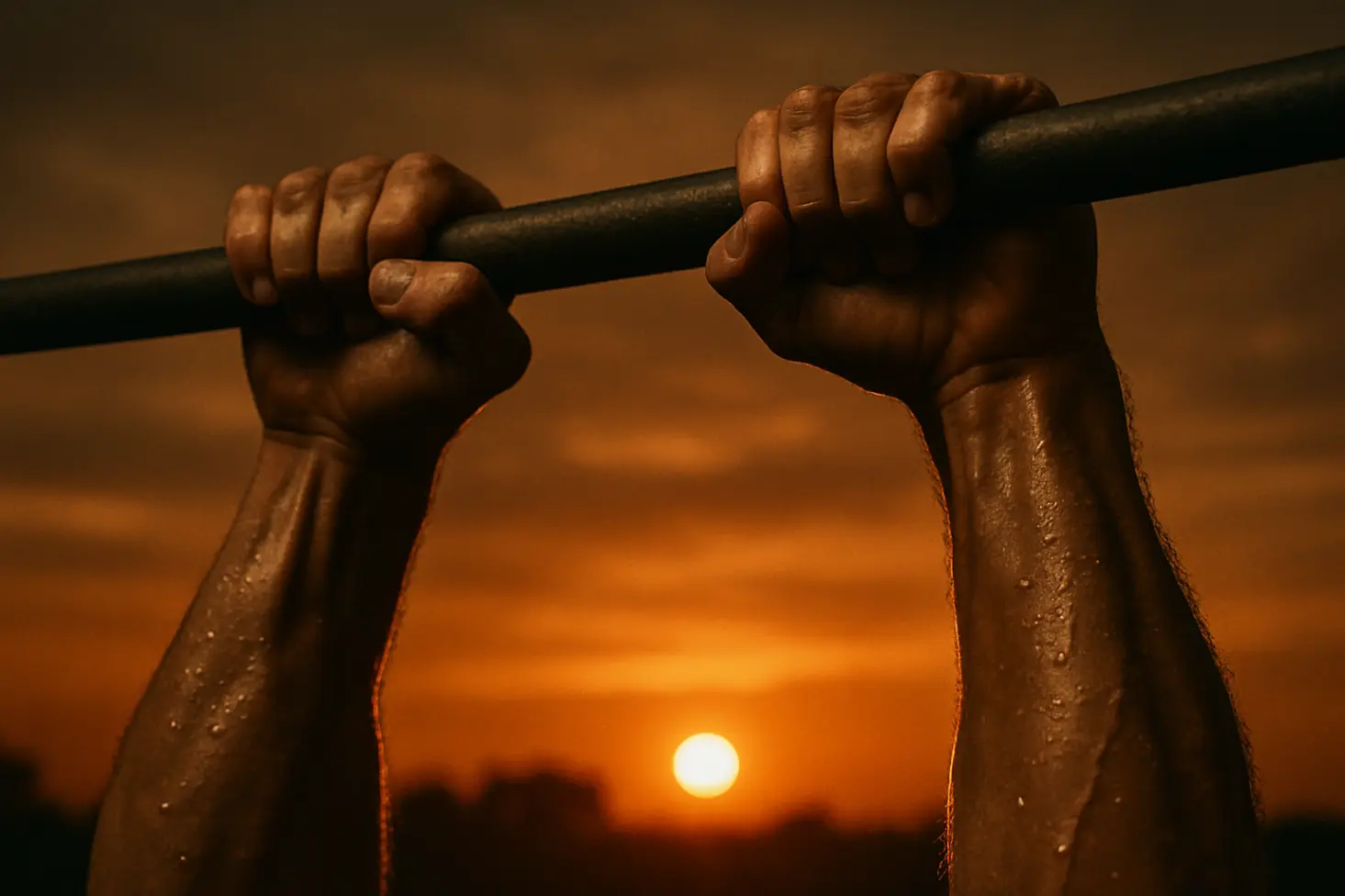 Sweaty forearms gripping pull-up bar at sunset. Gritty, determined mood.