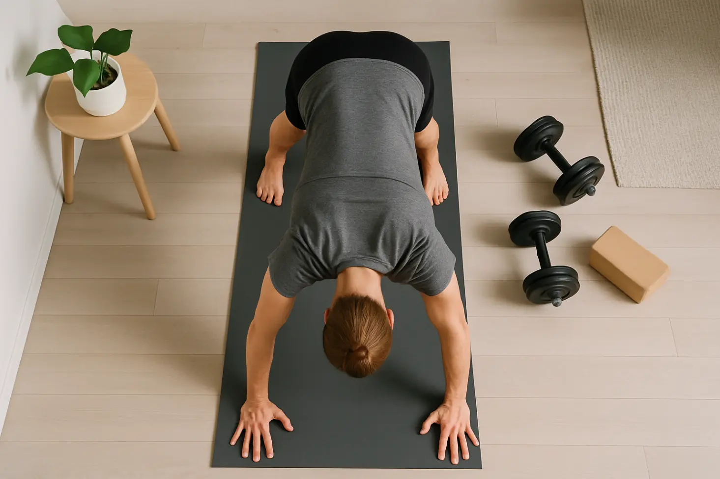 Overhead view of pike push-up showing shoulder engagement. Minimalist home setup.