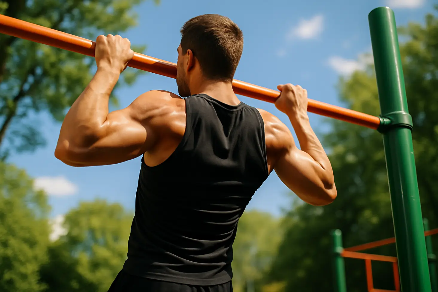 Man mid-chin-up on playground bar, biceps flexed. Outdoor workout.