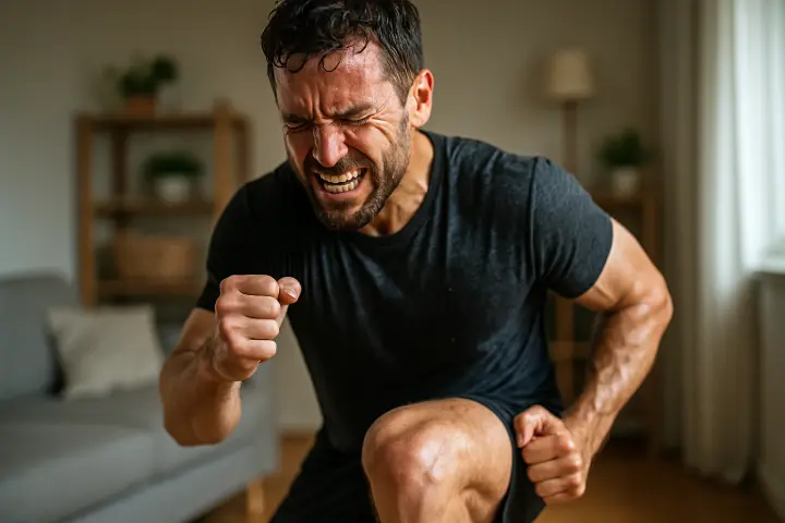 Close-up: Determined face during tough lunge, sweat visible.
