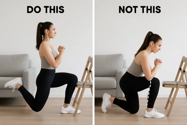 Side-by-side: Correct vs. incorrect Bulgarian Split Squat (posture, knee alignment).