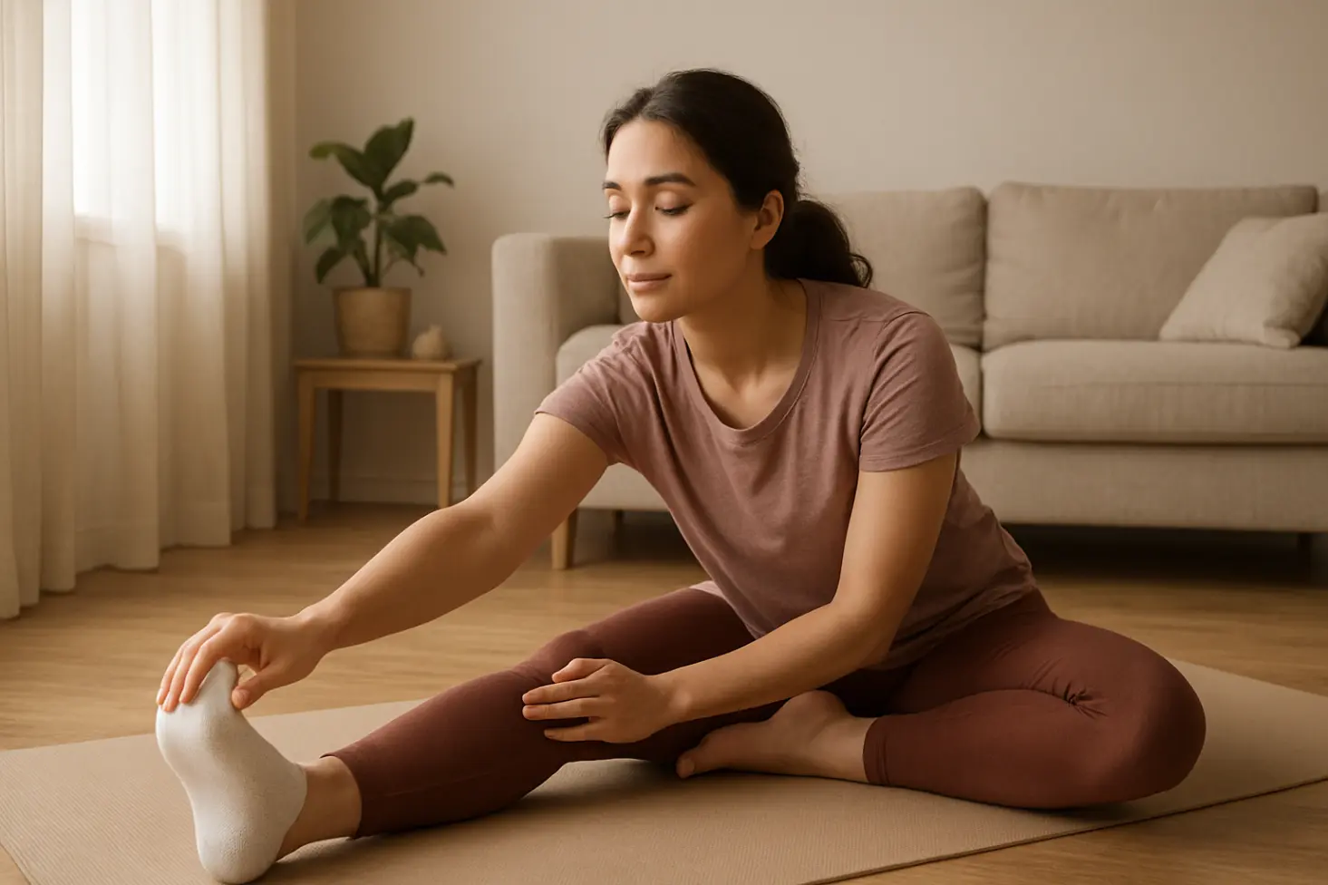 Calm quad stretch (standing, heel to glute) in a relaxed home setting.