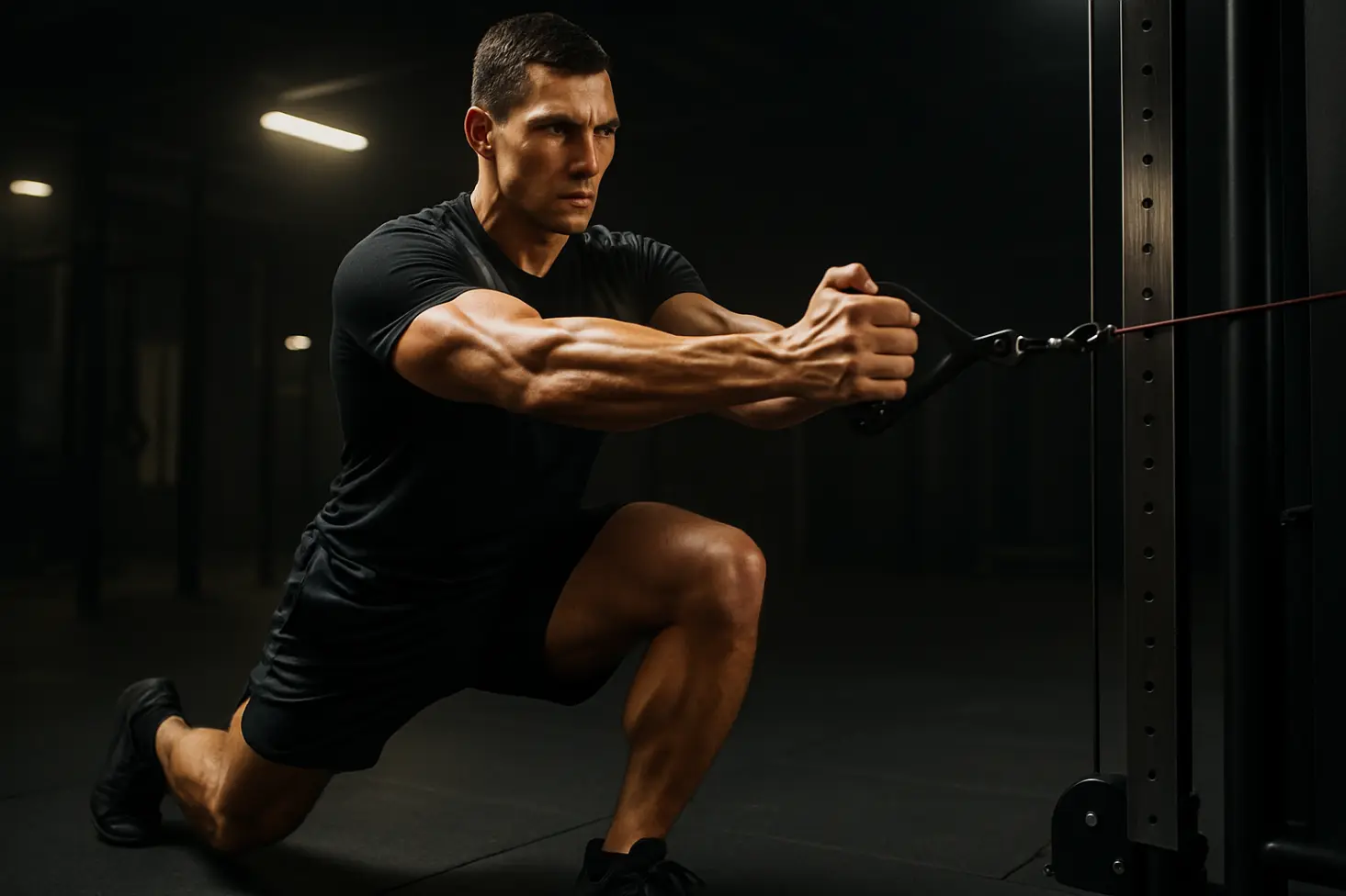 Runner standing sideways to cable machine, arms extended forward. Core visibly braced, resisting cable pull trying to rotate torso. Shoulders/hips square.