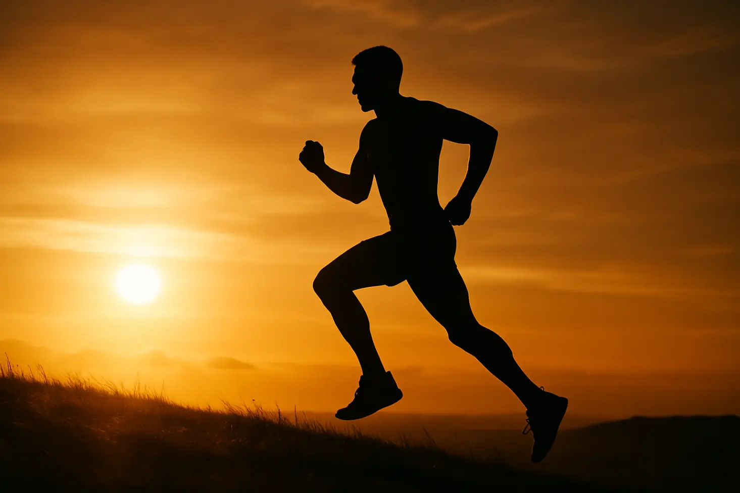 Backlit silhouette of runner striding powerfully uphill at sunrise. Strong posture, forward drive. Symbolizes core-driven performance &amp; endurance.