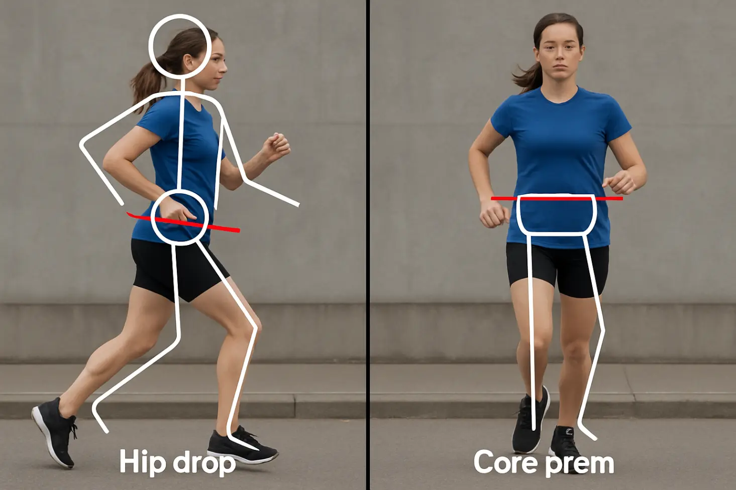 Left shows runner with hip drop (pelvis tilted down). Right shows strong core preventing hip drop (pelvis level). Problem vs. solution.