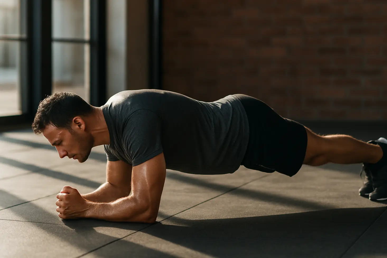 Forearm Plank (straight ear-hip-ankle line).