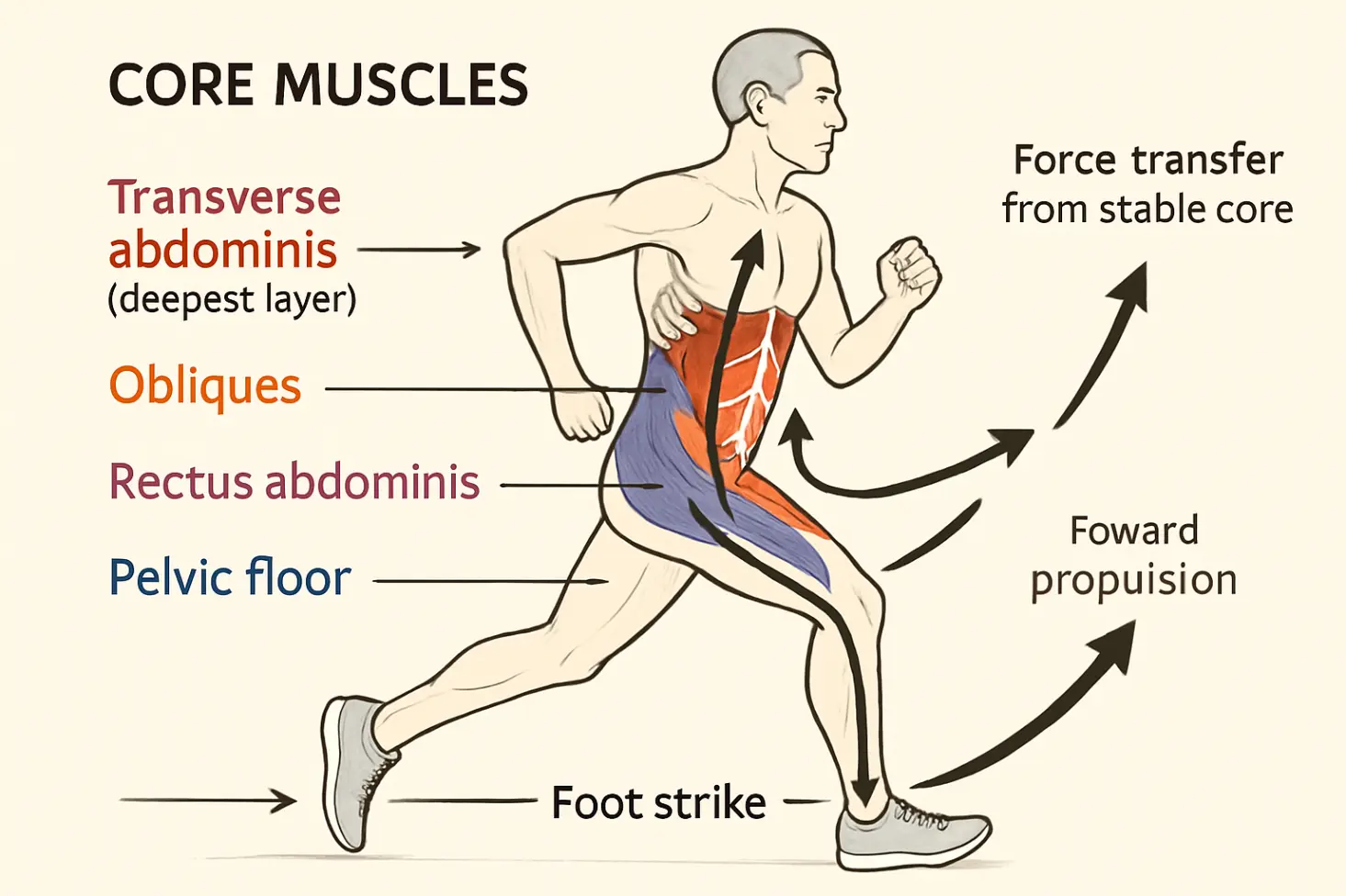 Simple illustration: Runner skeleton with core muscles (transverse abs, obliques, pelvic floor) highlighted. Arrows show force transfer from foot strike through core to propulsion.