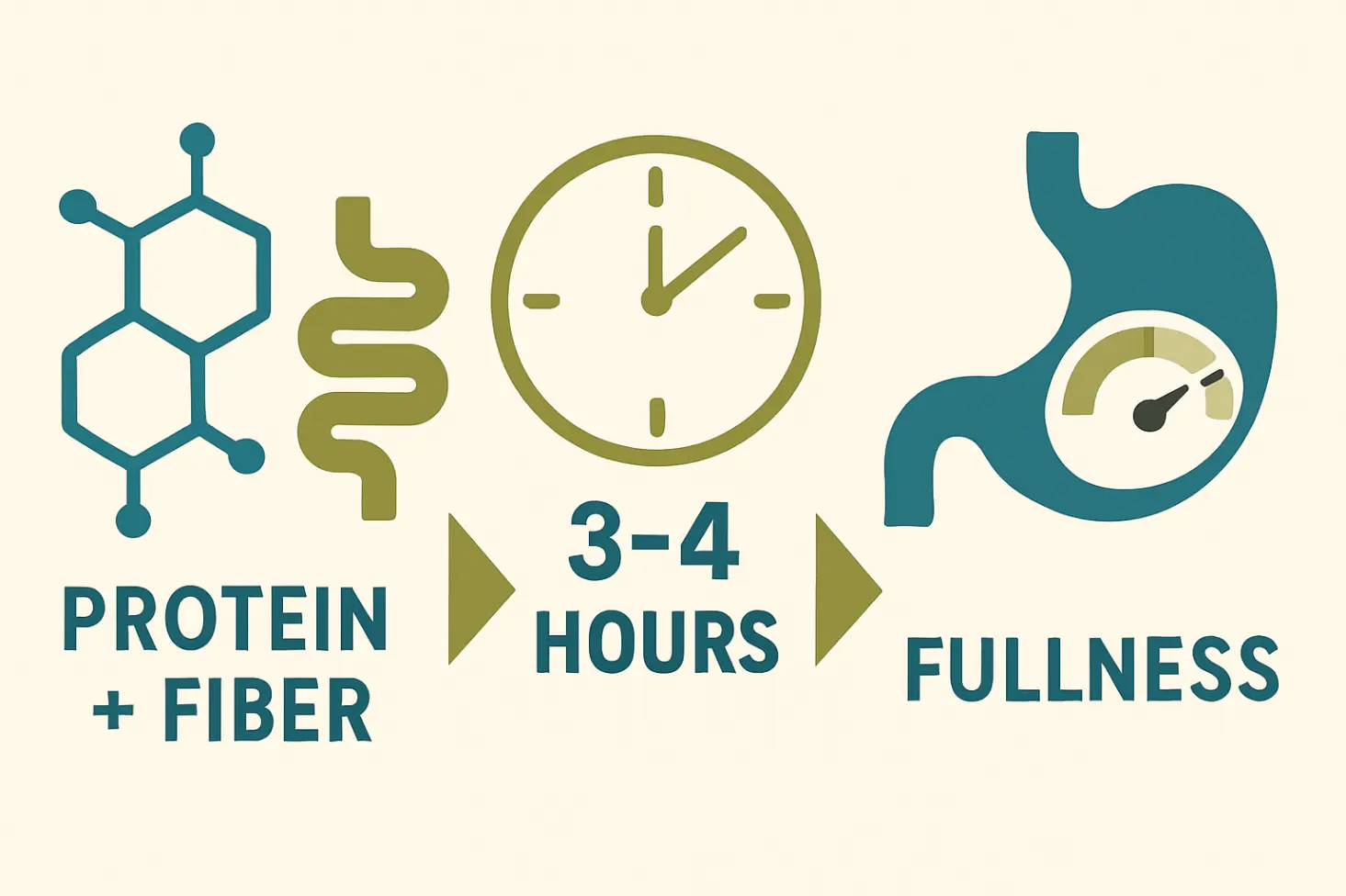 Diagram: protein + fiber icons → 4-hour fullness clock. Simple nutrition illustration for smoothie weight loss strategies.