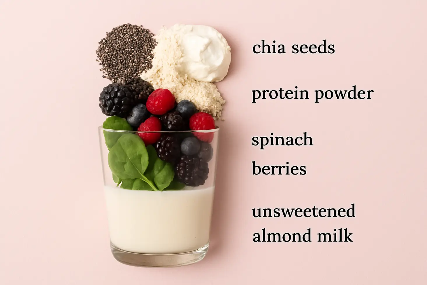 Science-backed infographic: How protein powder + chia seeds team with spinach/berries in almond milk to fuel 3-4 hours of smoothie fullness. Visual weight loss strategy.