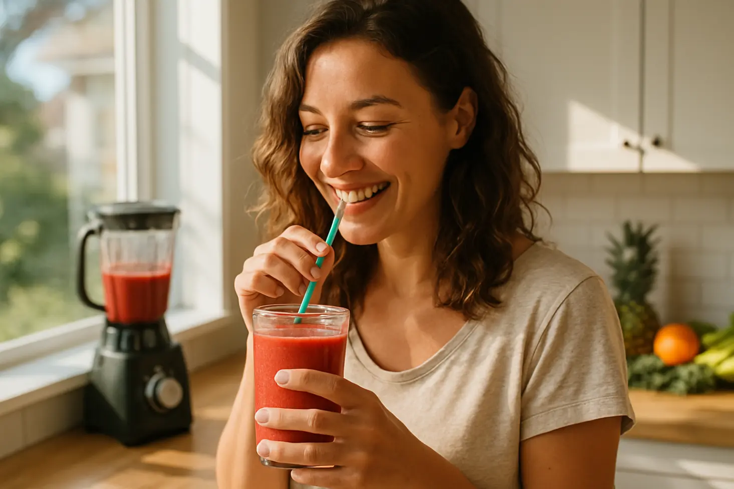 Woman smiling, drinking vibrant smoothie in sunny kitchen. Blender + produce visible. Sustainable healthy habits lifestyle.