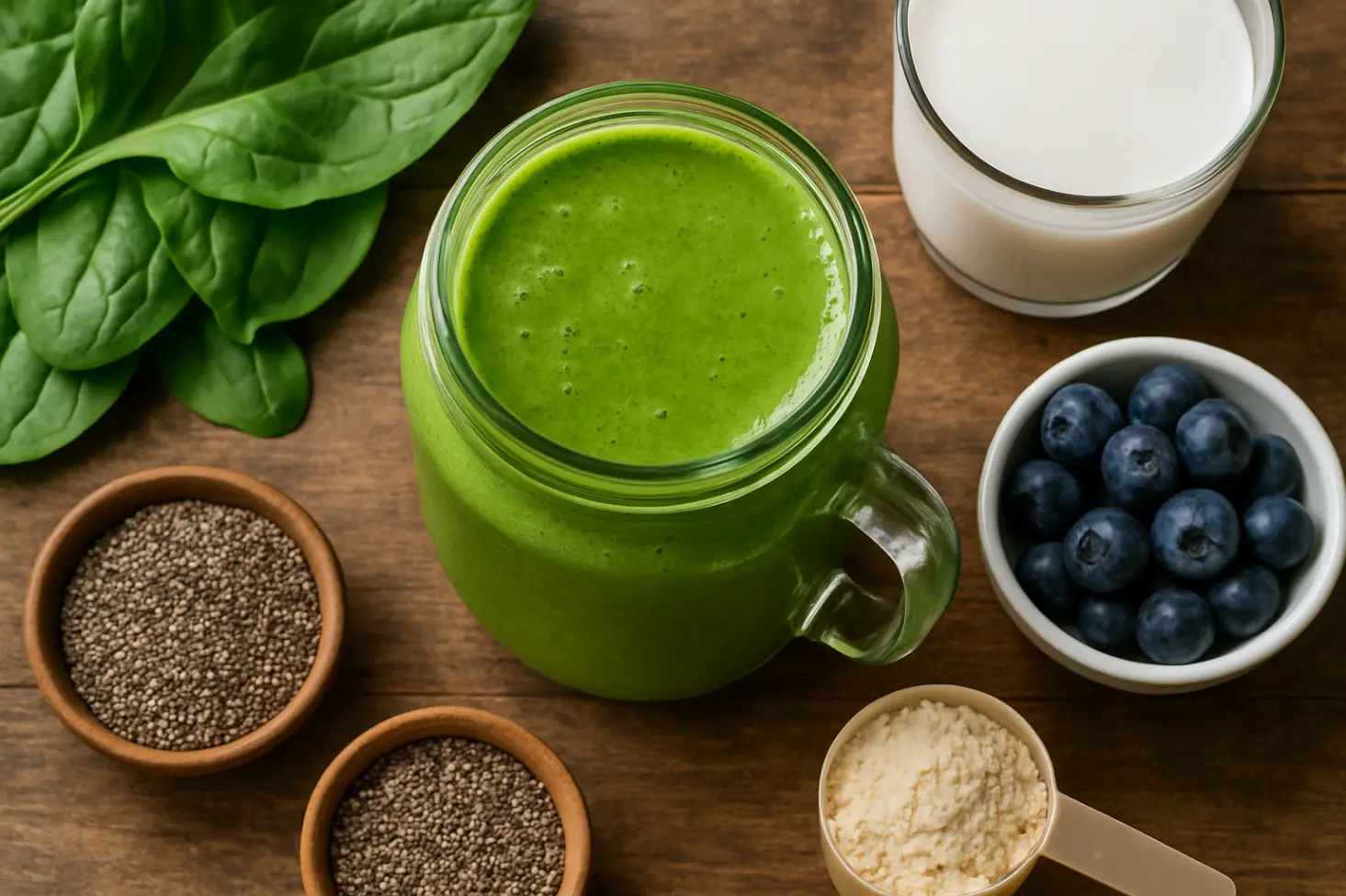 Overhead of thick green smoothie in jar surrounded by spinach, berries, chia seeds. Sunlight on wooden table. Healthy weight loss breakfast.