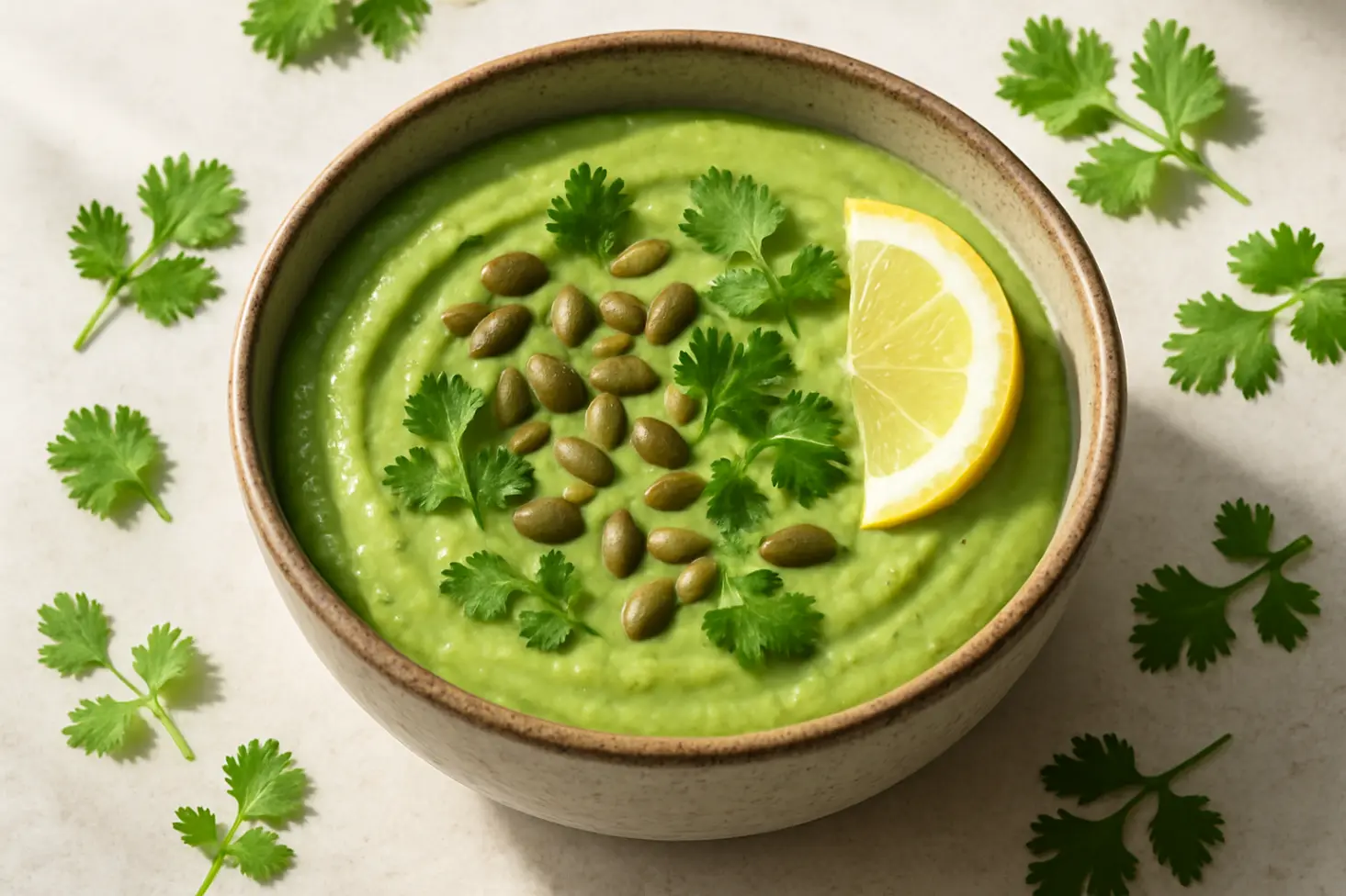 Savory green smoothie bowl with avocado, cucumber, pepitas. Herbs + lemon garnish. Non-sweet weight loss meal alternative.