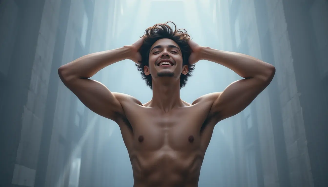 Person standing tall with confident posture, relaxed smile, arms slightly stretched overhead – the goal achieved.