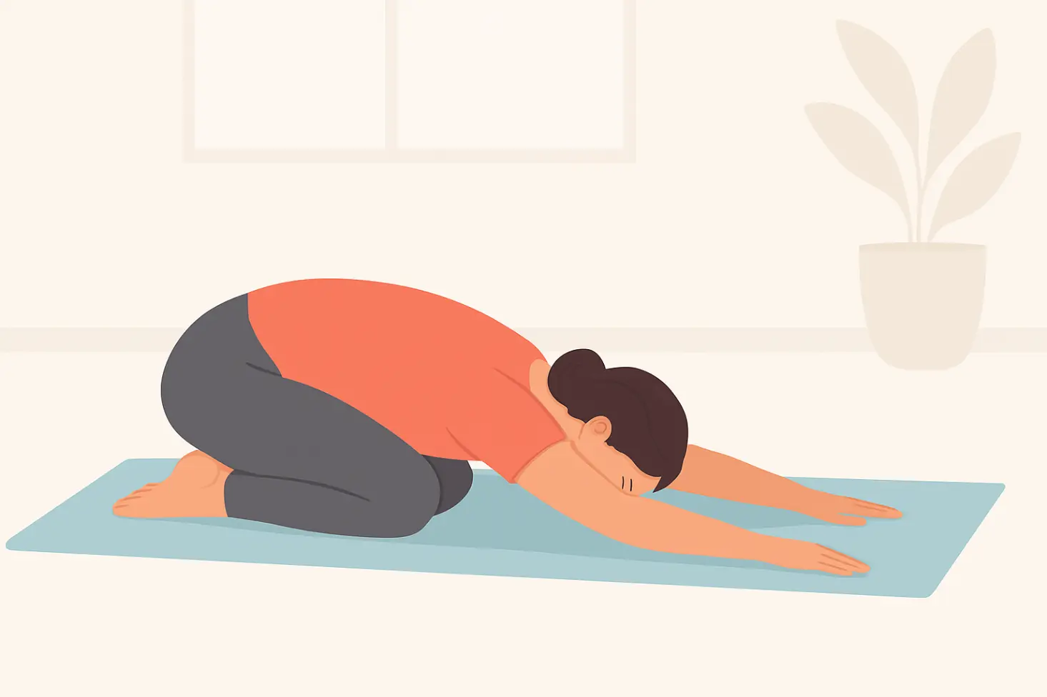 Person kneeling, folded forward, arms stretched far ahead, forehead resting, back gently rounded.