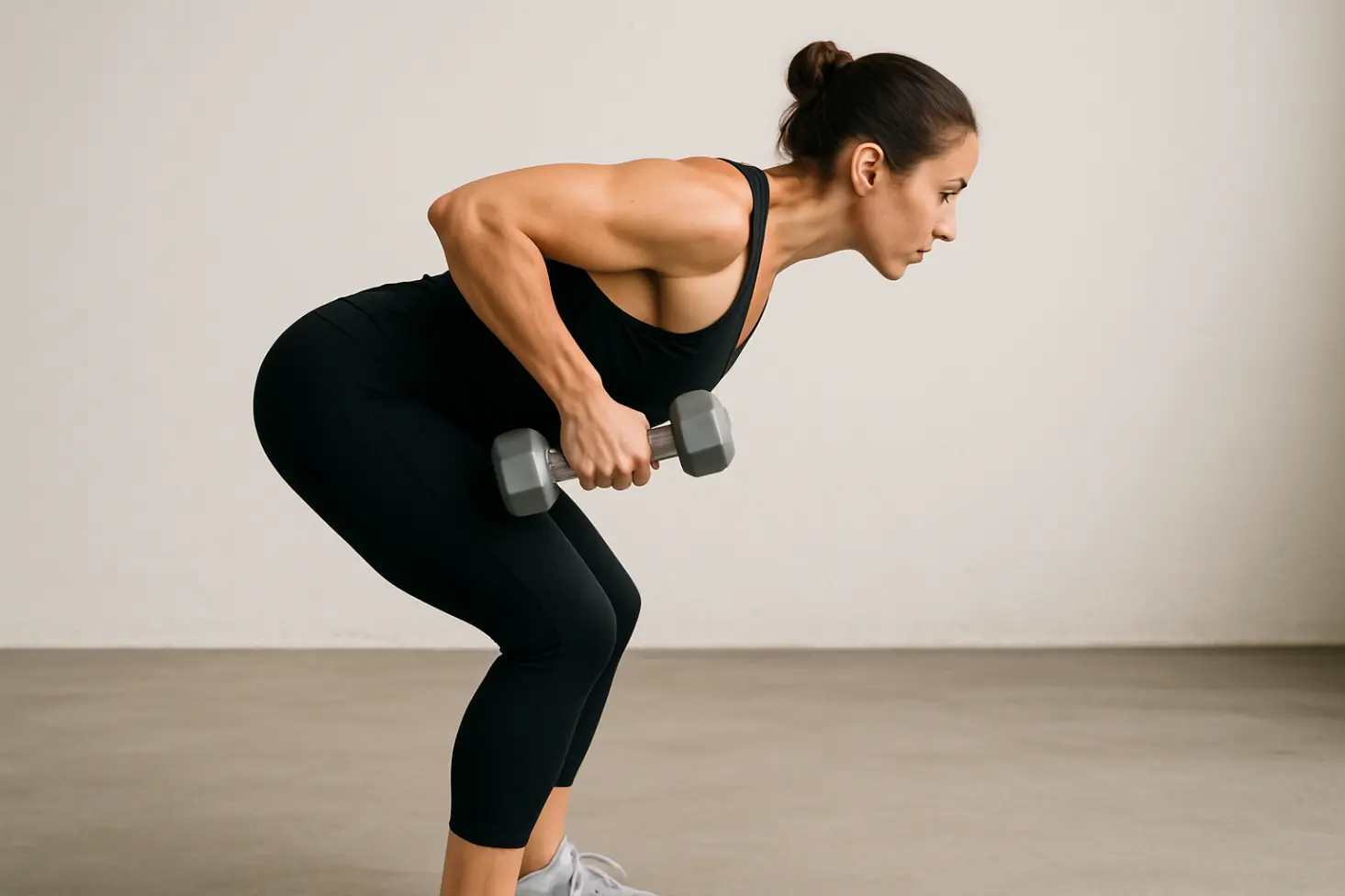 Side view: Person hinges at hips, flat back, pulling dumbbells to ribs, elbows driving back.