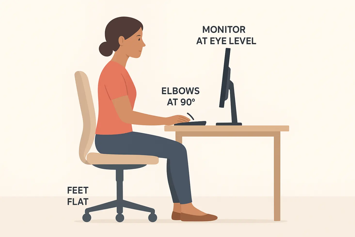 Diagram-style photo: Ideal workstation with monitor at eye level, elbows at 90 degrees, feet flat, lumbar support.