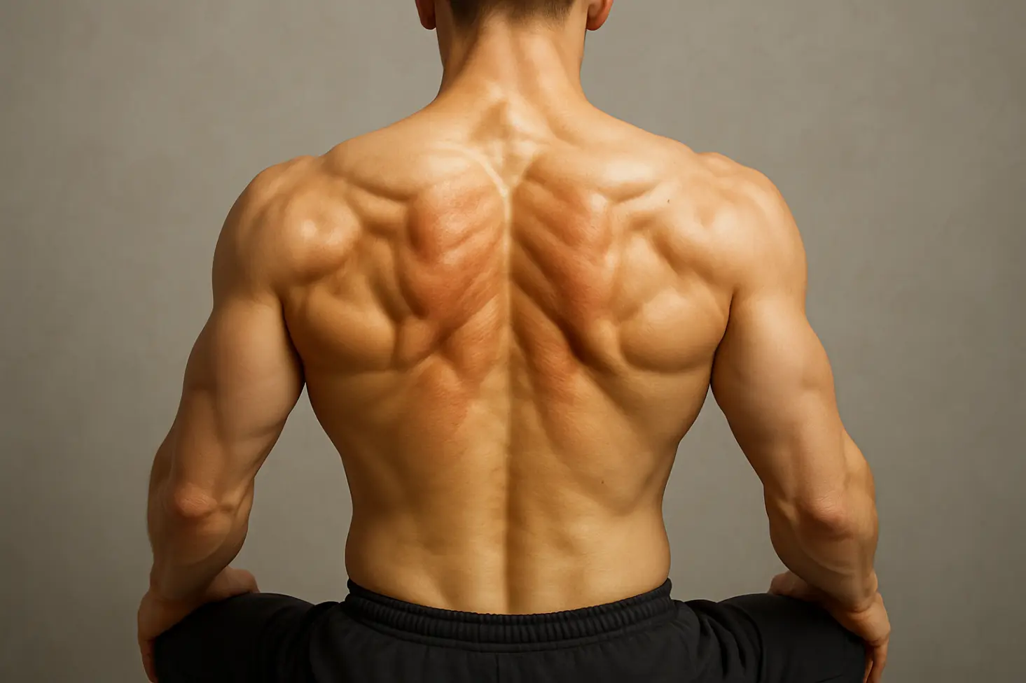 Back view close-up: Shoulder blades actively squeezing together and down while sitting tall.