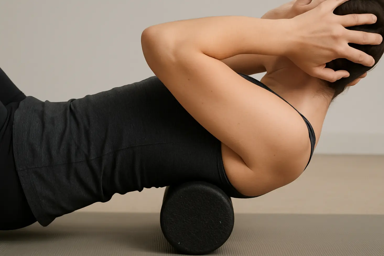 Person arches upper back over foam roller just below shoulder blades, hands supporting head gently.