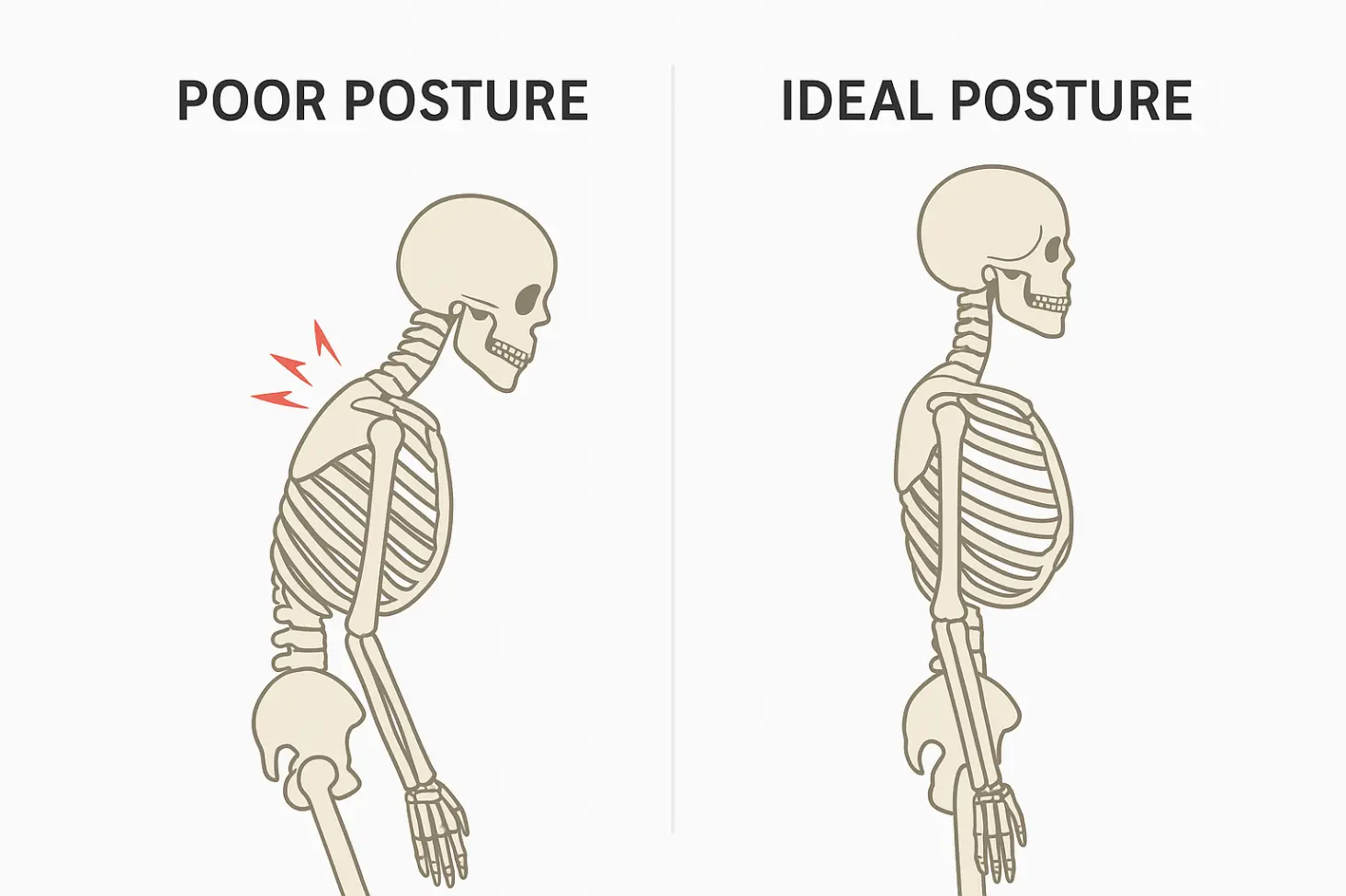 Side-by-side illustrations: Hunched skeleton (red tension lines between blades) vs. upright skeleton (blue balanced muscles).