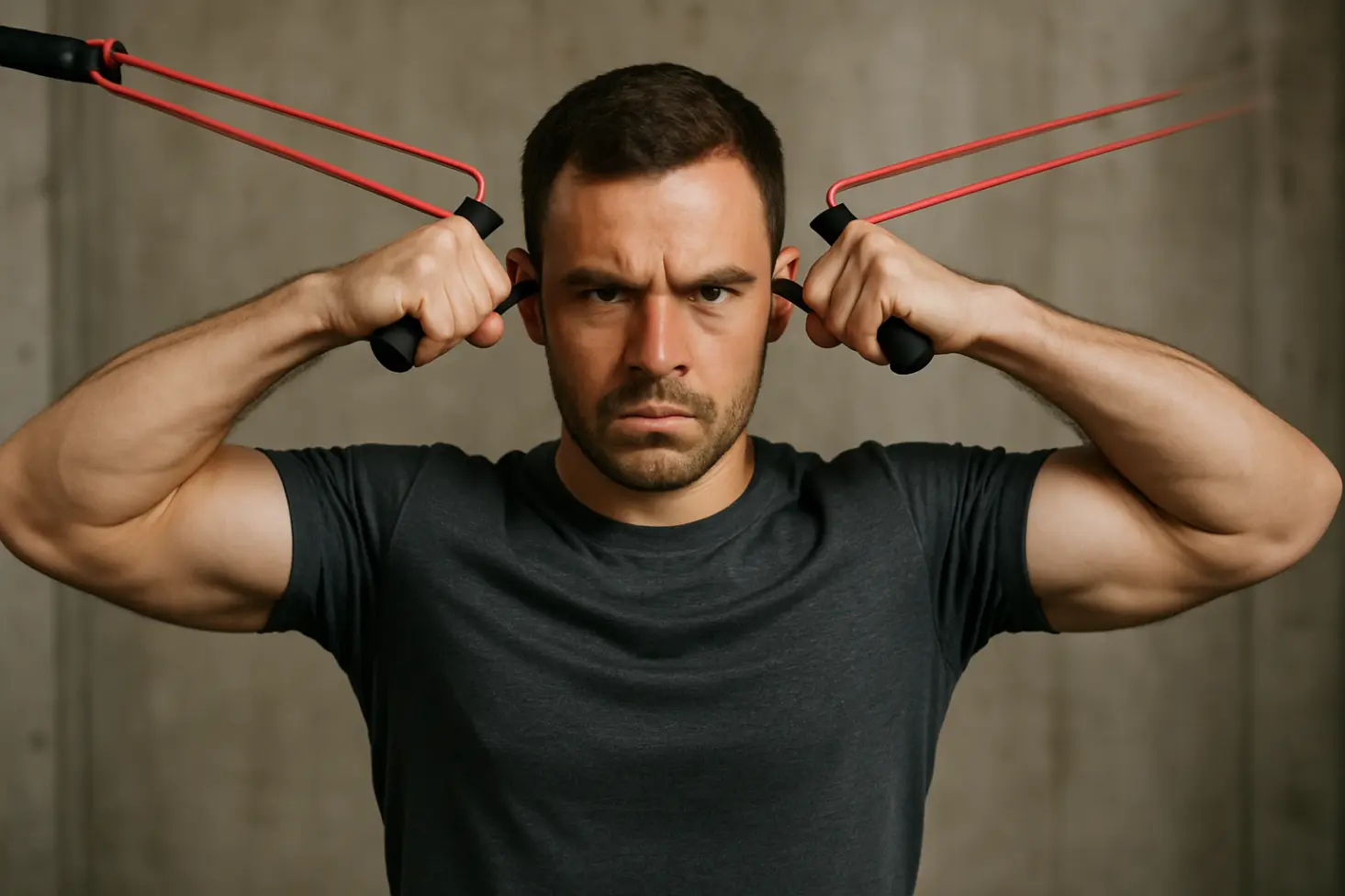 Front view: Person pulls resistance band towards face, elbows flared wide, intense shoulder blade squeeze.